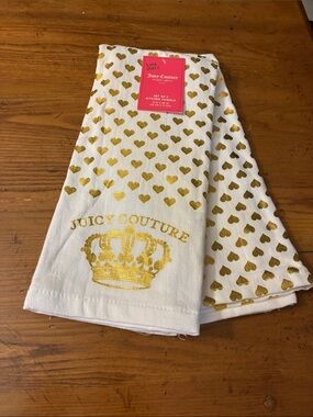 Juicy Couture White Kitchen Towels with Gold Heart Print (Set of 2)